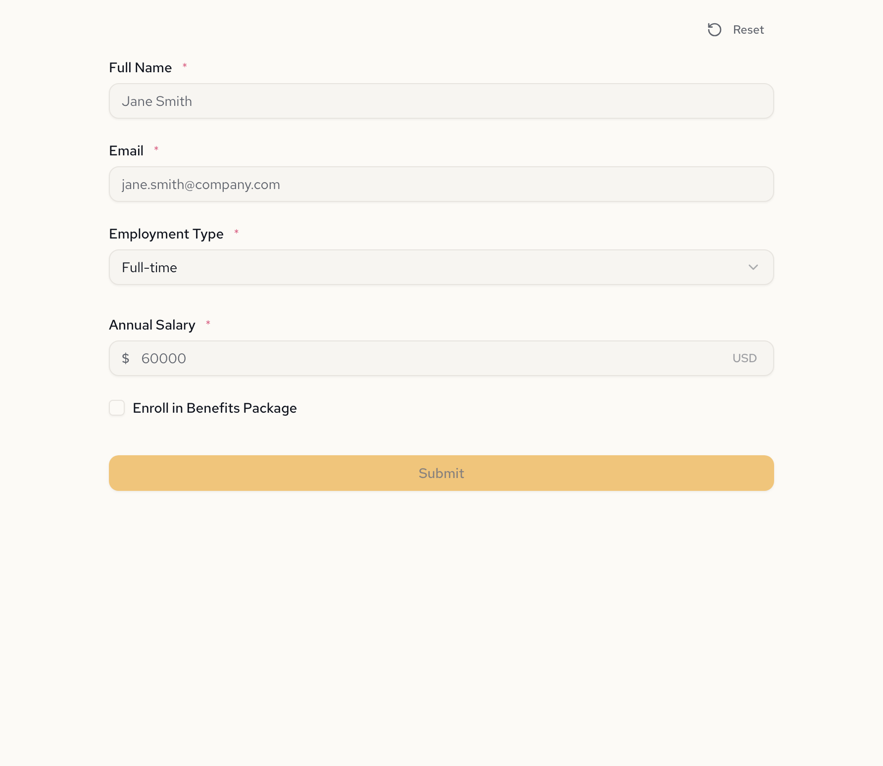 Form showing annual salary and benefits enrollment after selecting Full-time