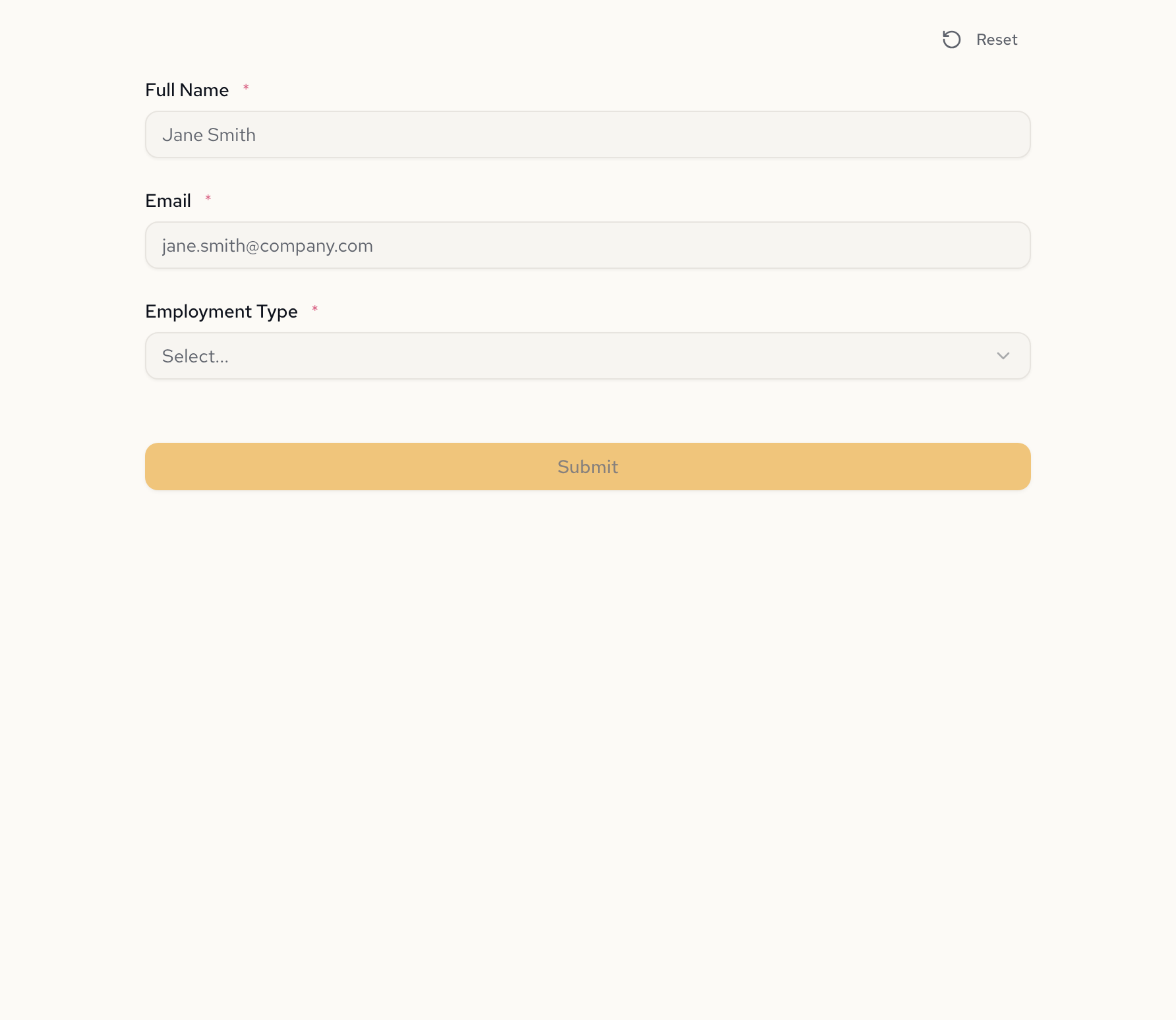Generated employee onboarding form with name, email, and employment type fields